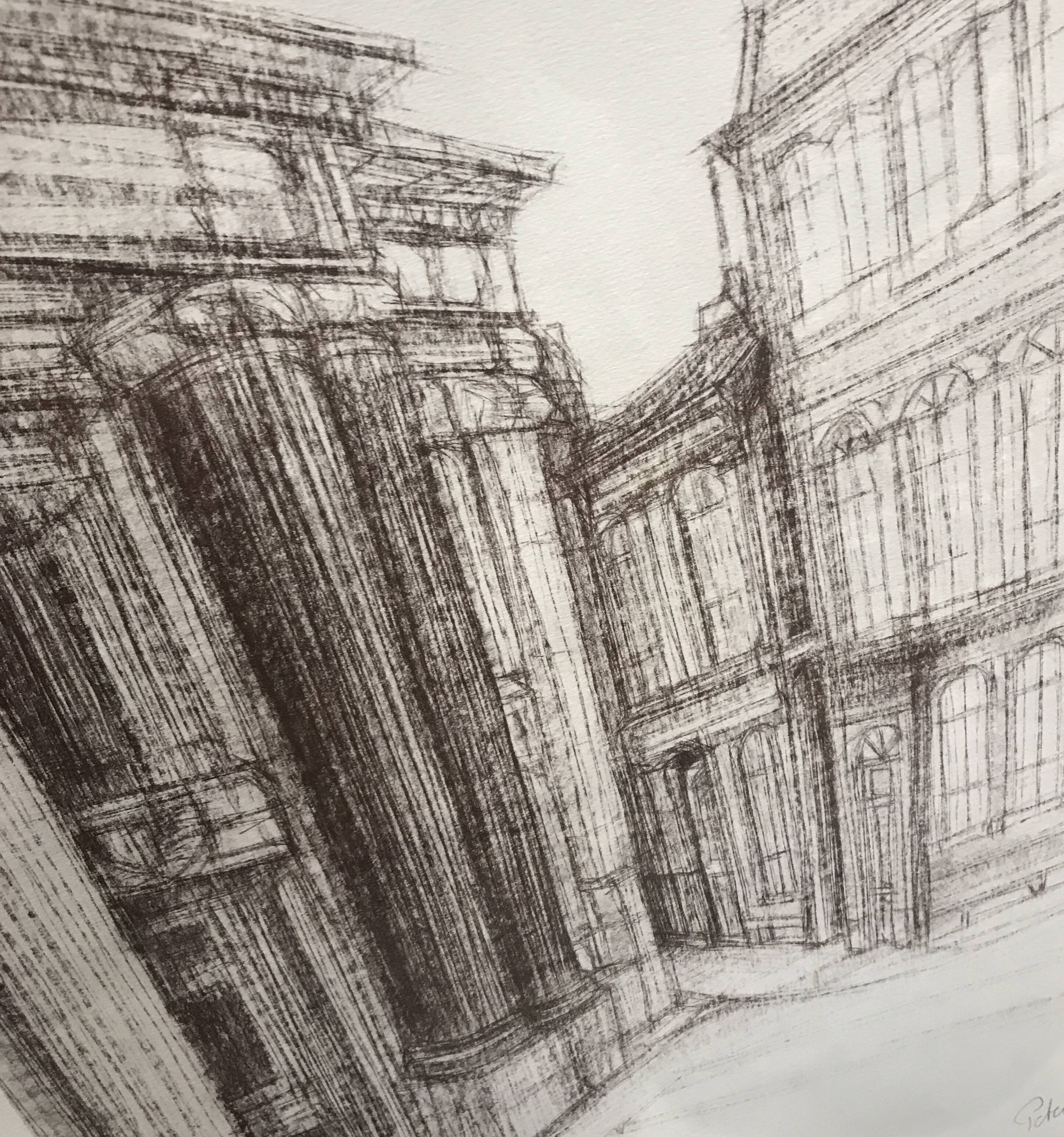 Framed drawing Palace of Justice Sarreguemines Peter Musslé numbered