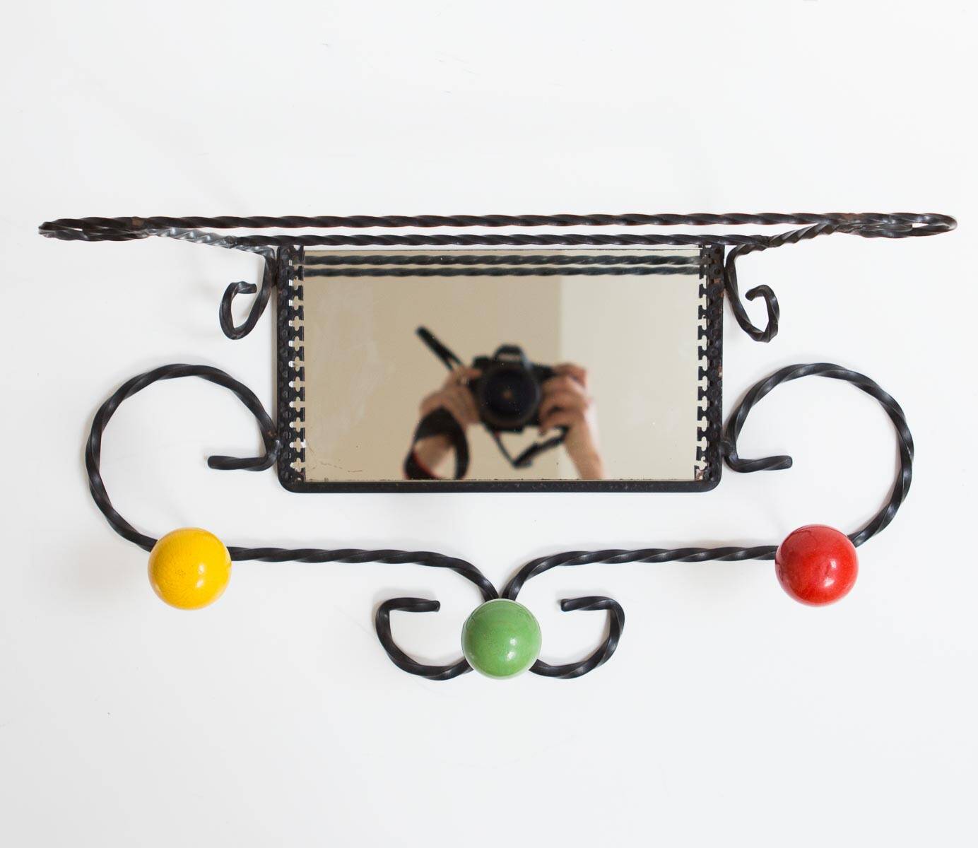 Black iron coat rack with mirror 1950s