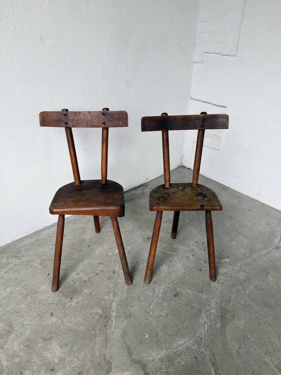 Pair of Savoyard tripod chairs, folk art, oak.