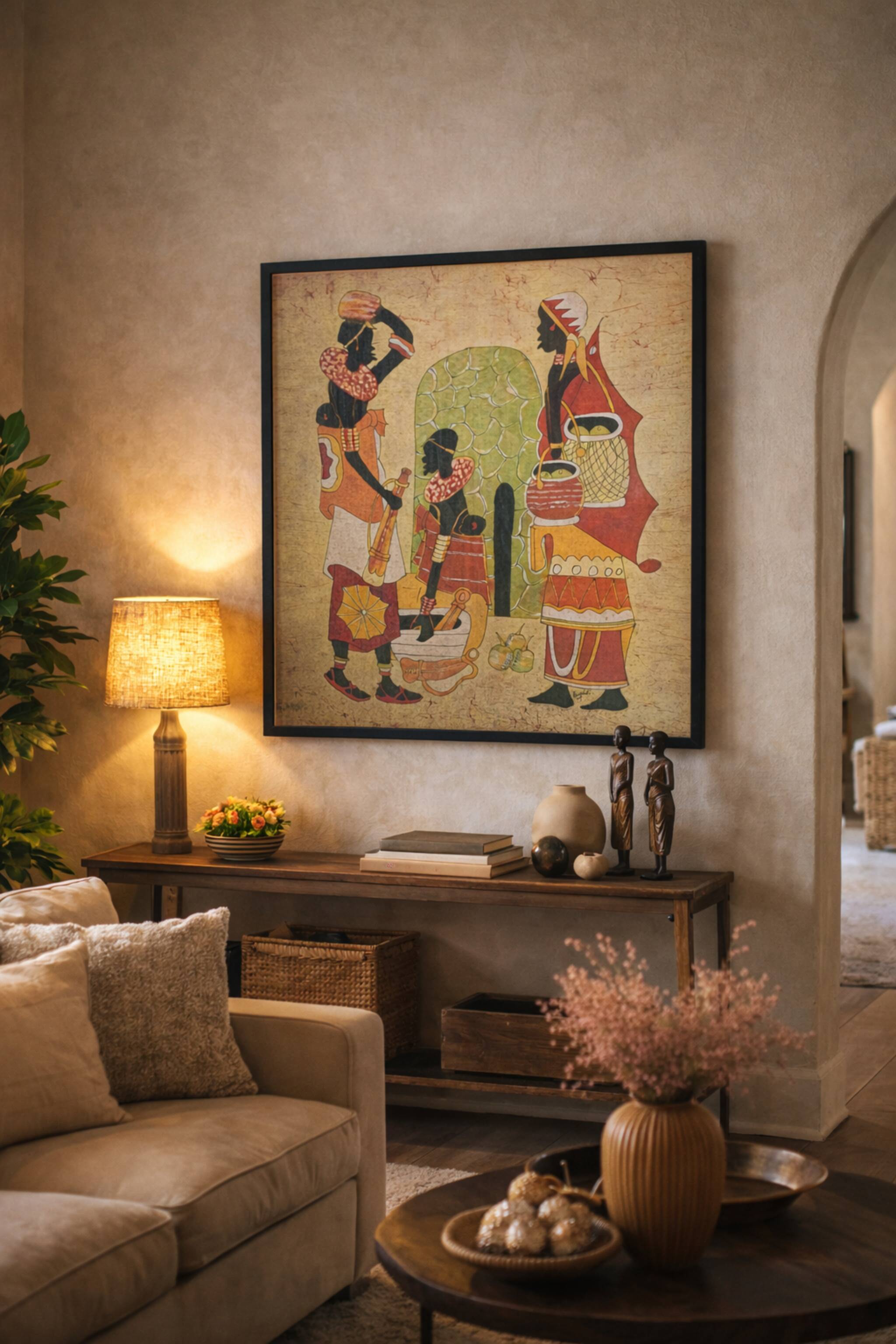 Tableau batik africain original signé "Hamidi", art sur tissu