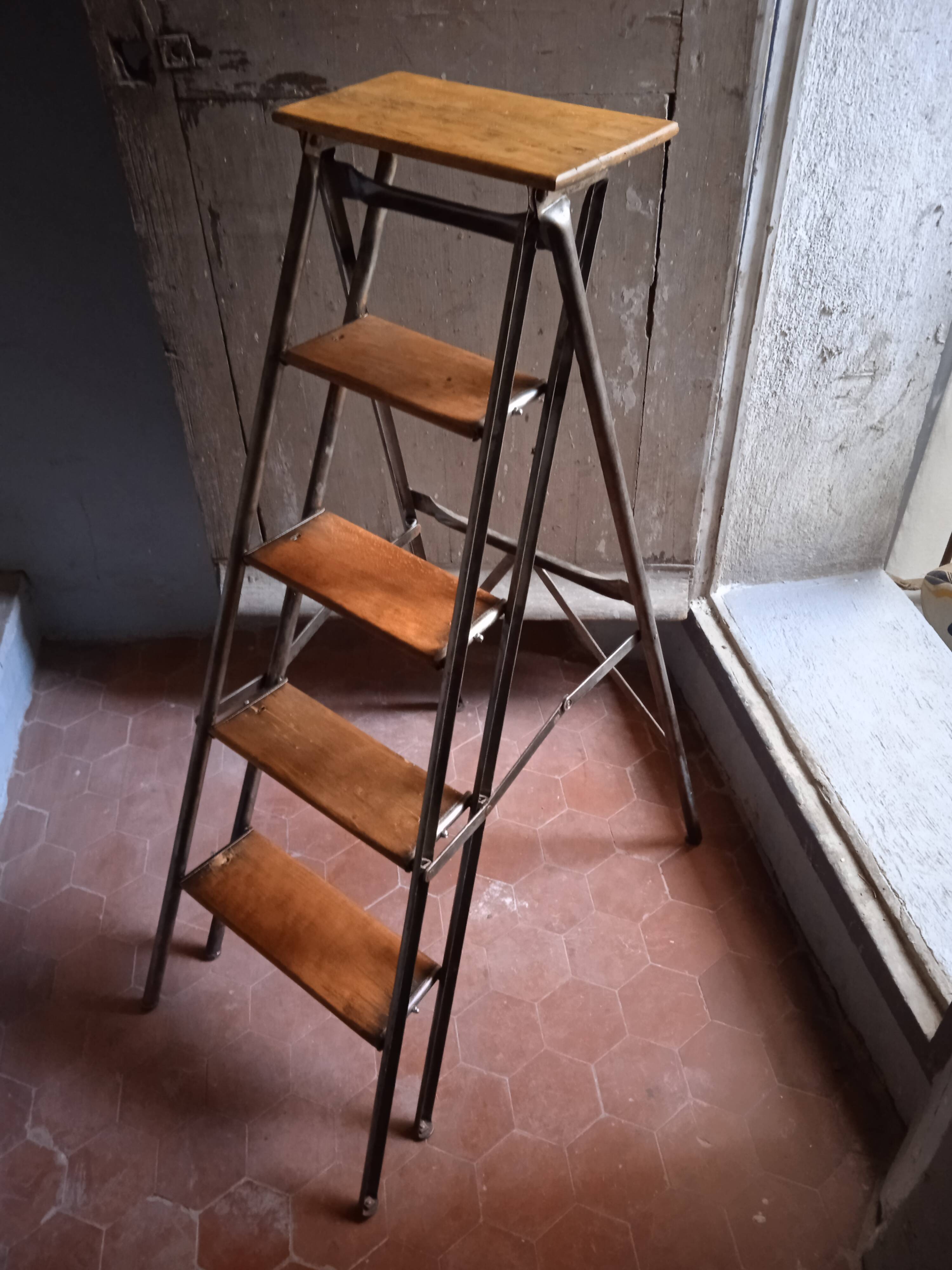 Vintage iron and wood stepladder with 5 steps