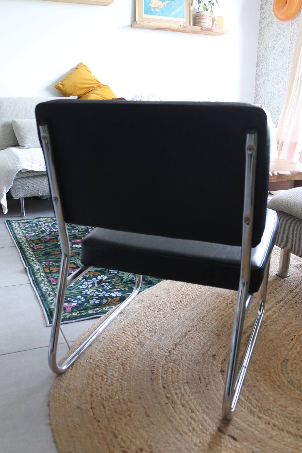 Vintage black tubular chrome armchair – 1970s
