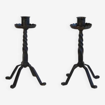 Pair of brutalist hammered iron candlesticks 1960