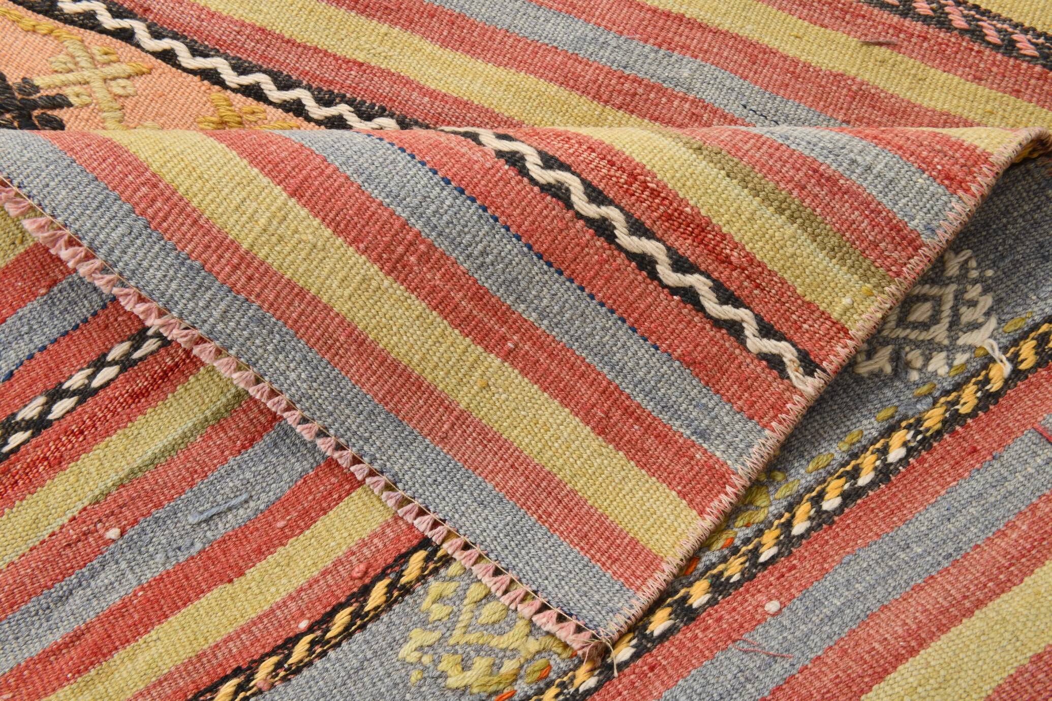 3x0 Blush Pink & Blue Striped Vintage Kilim Runner, Rugs For Bohemian Entry