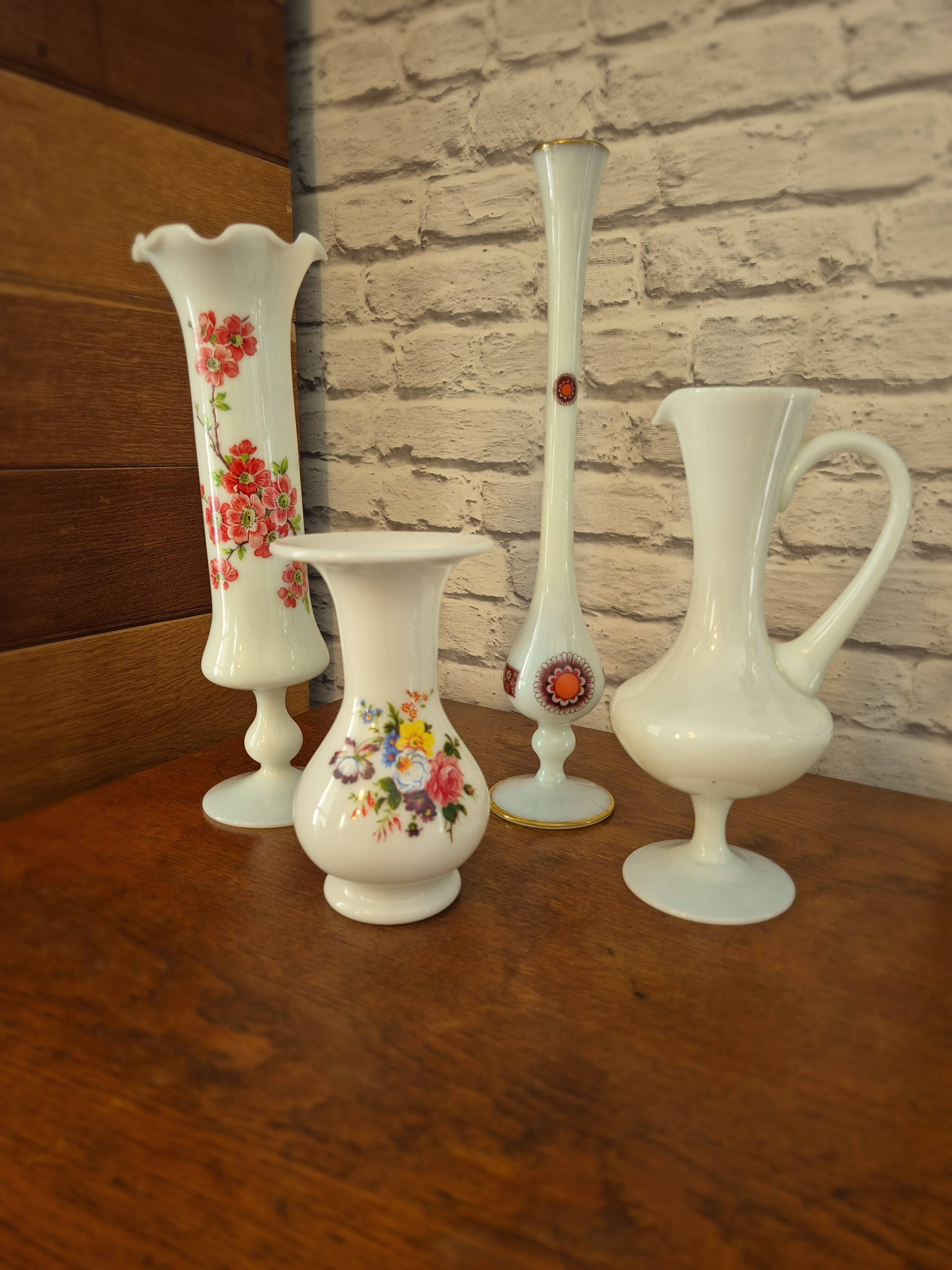 Vintage floral white opaline trumpet vase