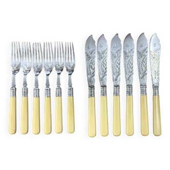 English fish service in silver metal and horn of 12 pieces - 345.051
