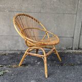 Fauteuil coquille en rotin vintage années  70 fabrication artisanale bohème