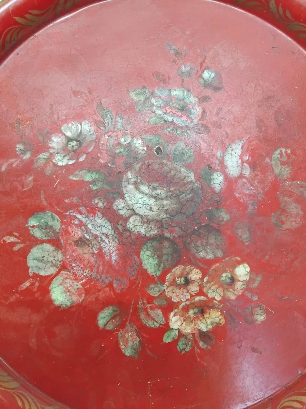 Antique Napoleon III Round Sheet Metal Tray - Flower Painting