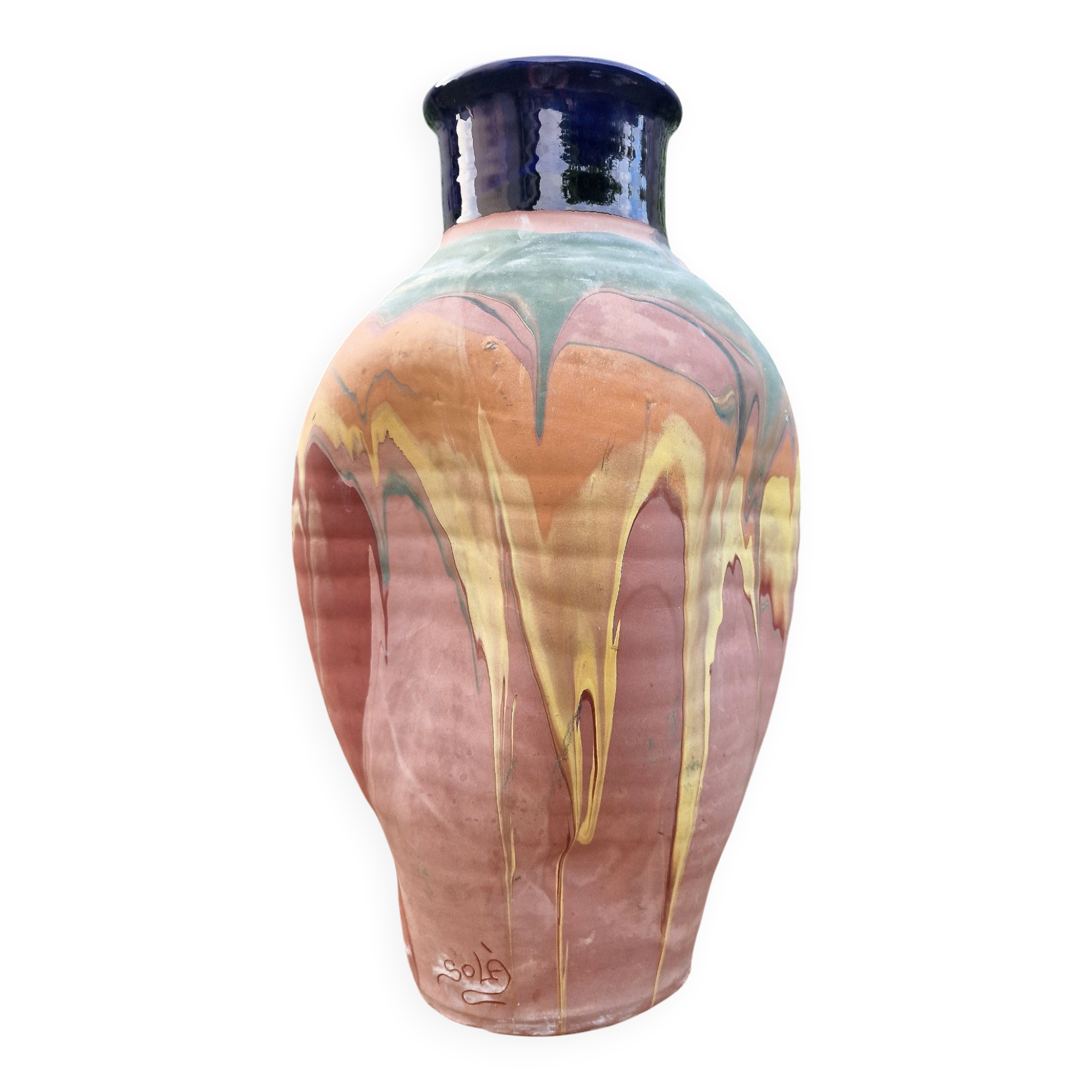 Large ceramic vase, mixed earths - signed - quadrilobed