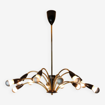 Italian Black and brass 12 arm Spider Chandelier  1950s