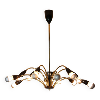 Italian Black and brass 12 arm Spider Chandelier  1950s