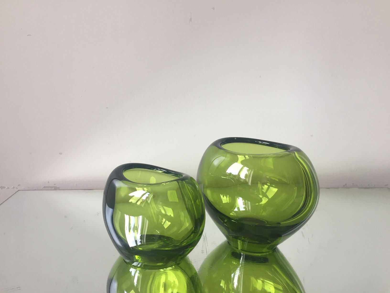 Set of 2 heart shaped Holmegaard crystal vases by Per Lutken
