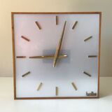 Large electric office clock vintage brass and wood Annees 60
