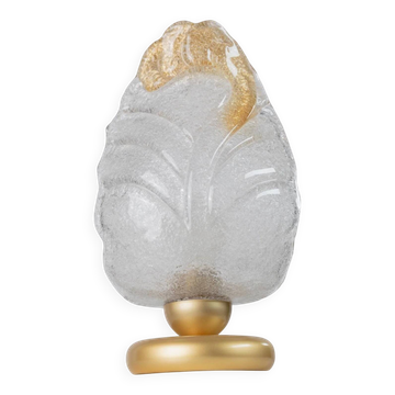 Lampe de table vintage élégante en verre de Murano avec abat-jour en forme de feuille transparent et base en métal doré – Italie années 1980