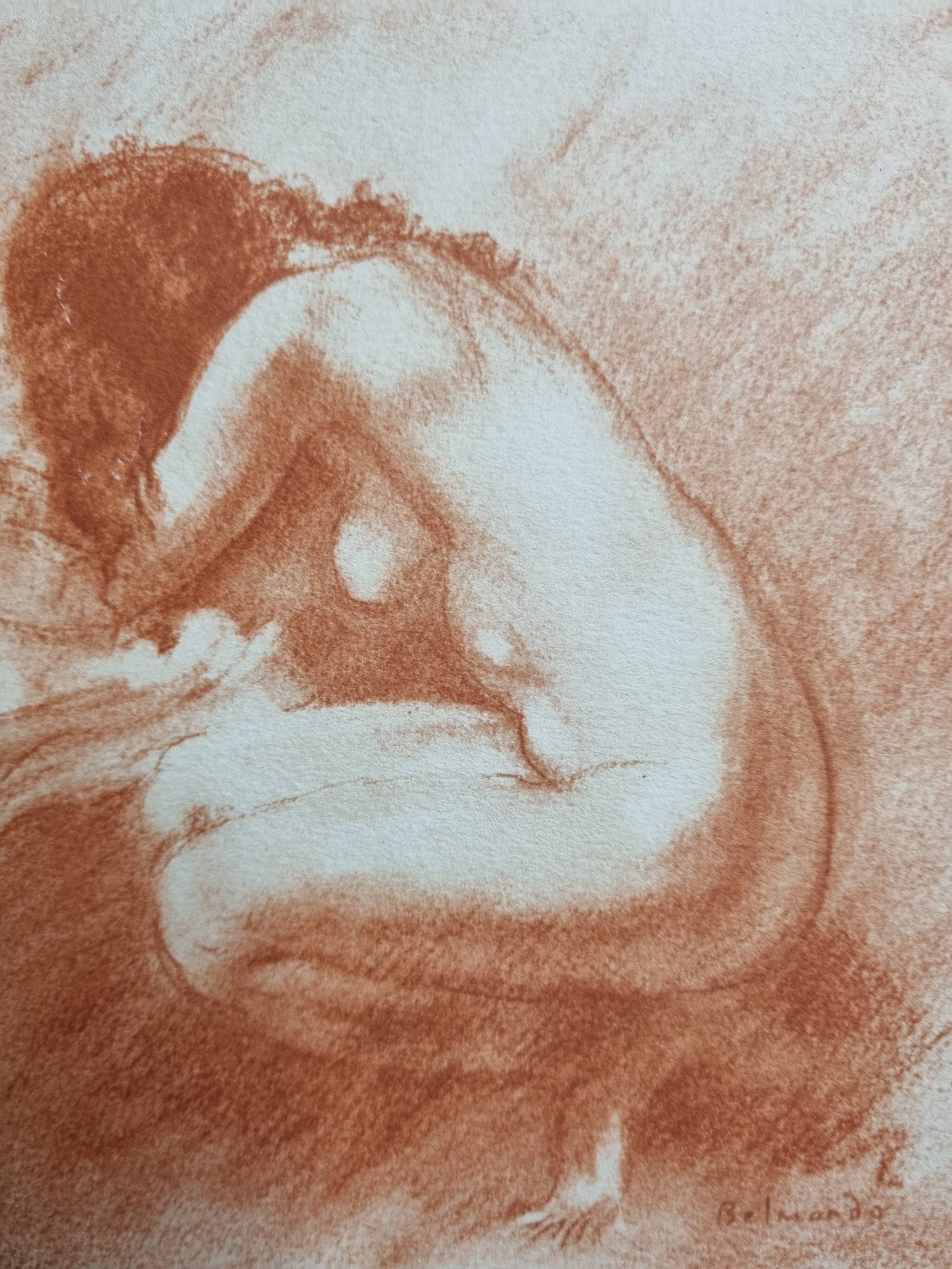 Print "Nude crouching on the pillow" in sanguine after Paul Belmondo, 29 x 34.5 cm