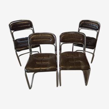 4 chaises italiennes en chrome et cuir 1970