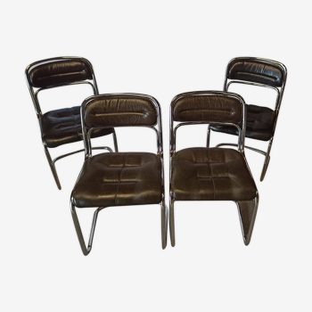 4 Italian chairs in chrome and leather 1970