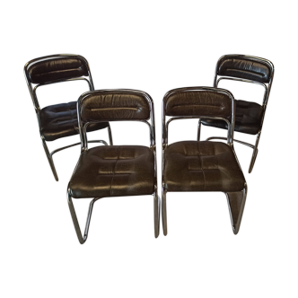 4 chaises italiennes en chrome et cuir 1970