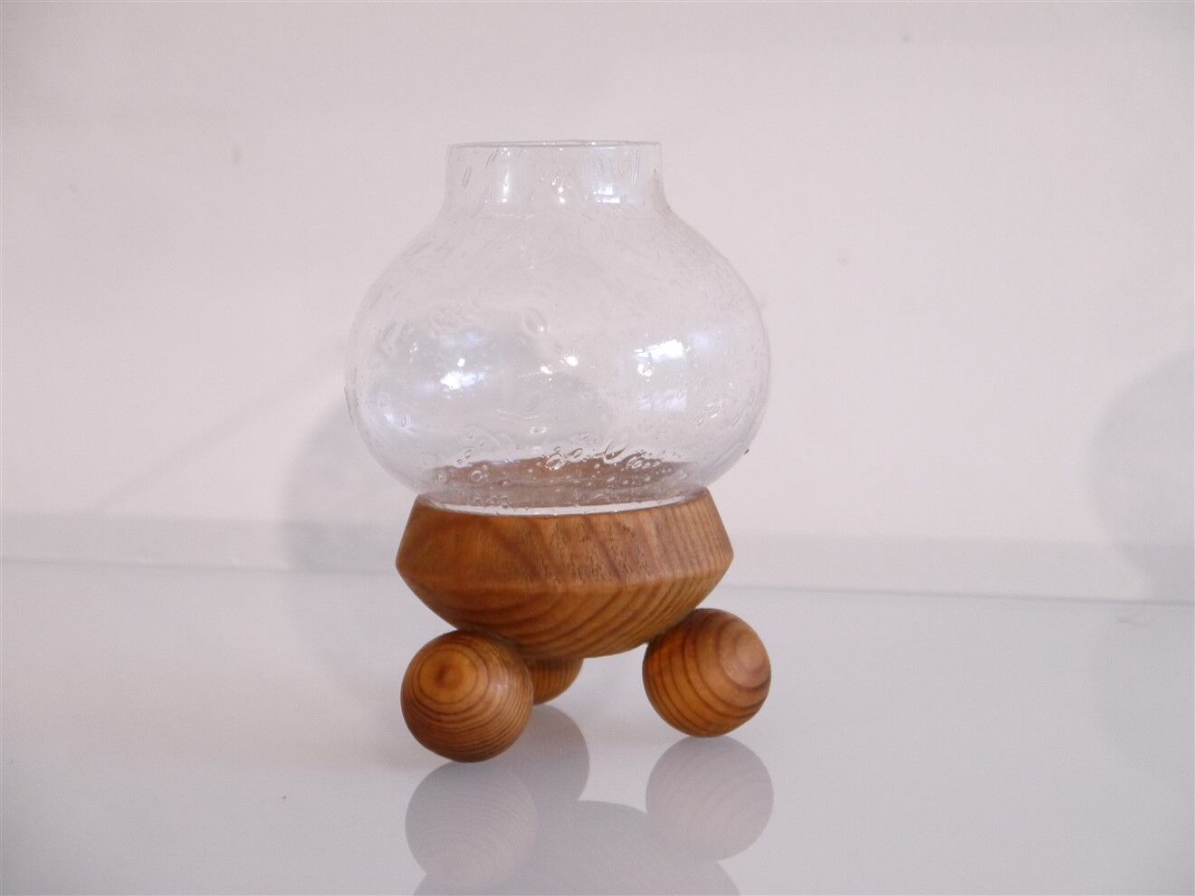 Scandinavian glass and wood candlestick 1960