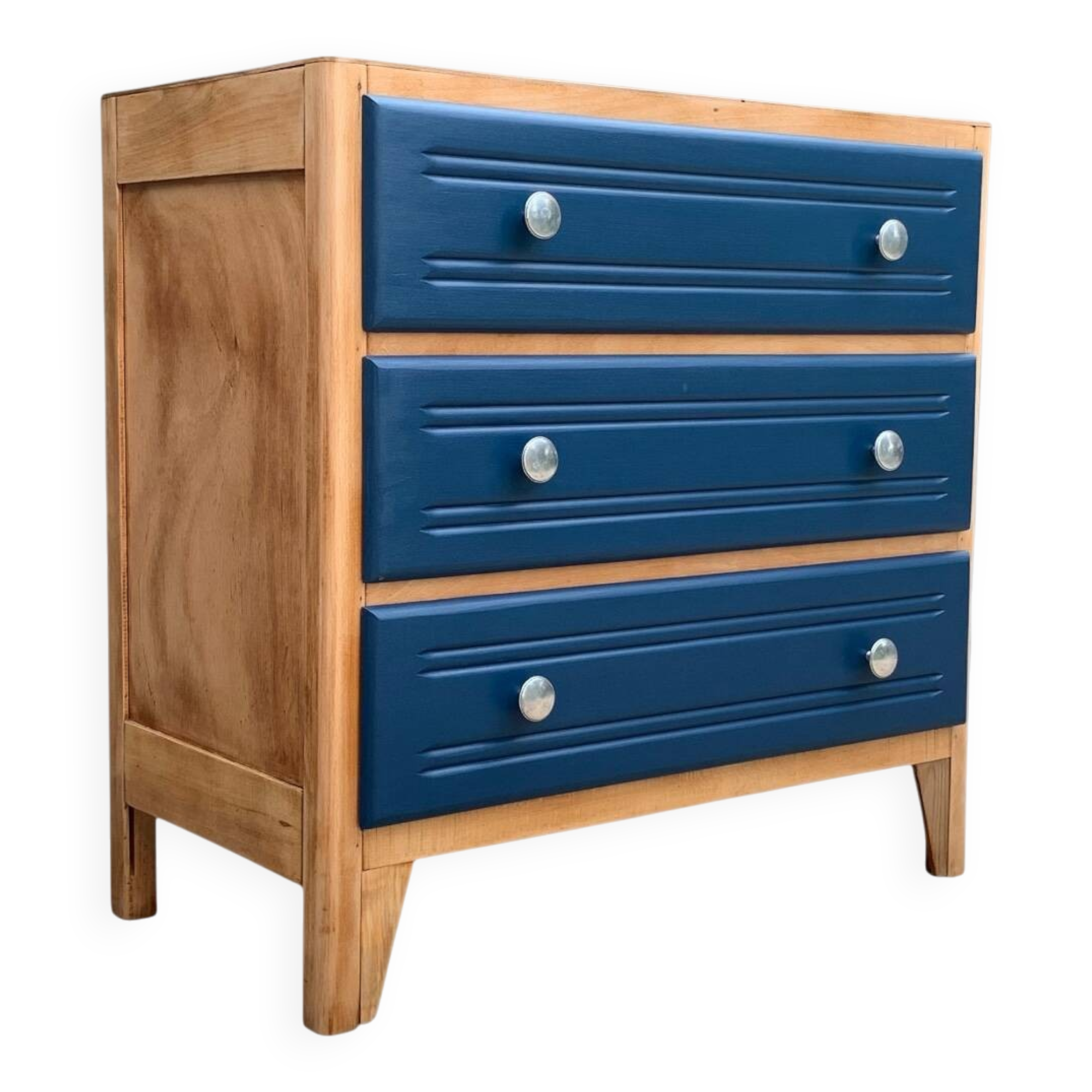 Art Deco chest of drawers in raw wood and blue, 1940