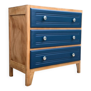 Art Deco chest of drawers in raw wood and blue, 1940