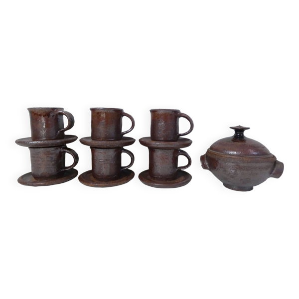 service à café en grès irisé tasses et sucrier vintage