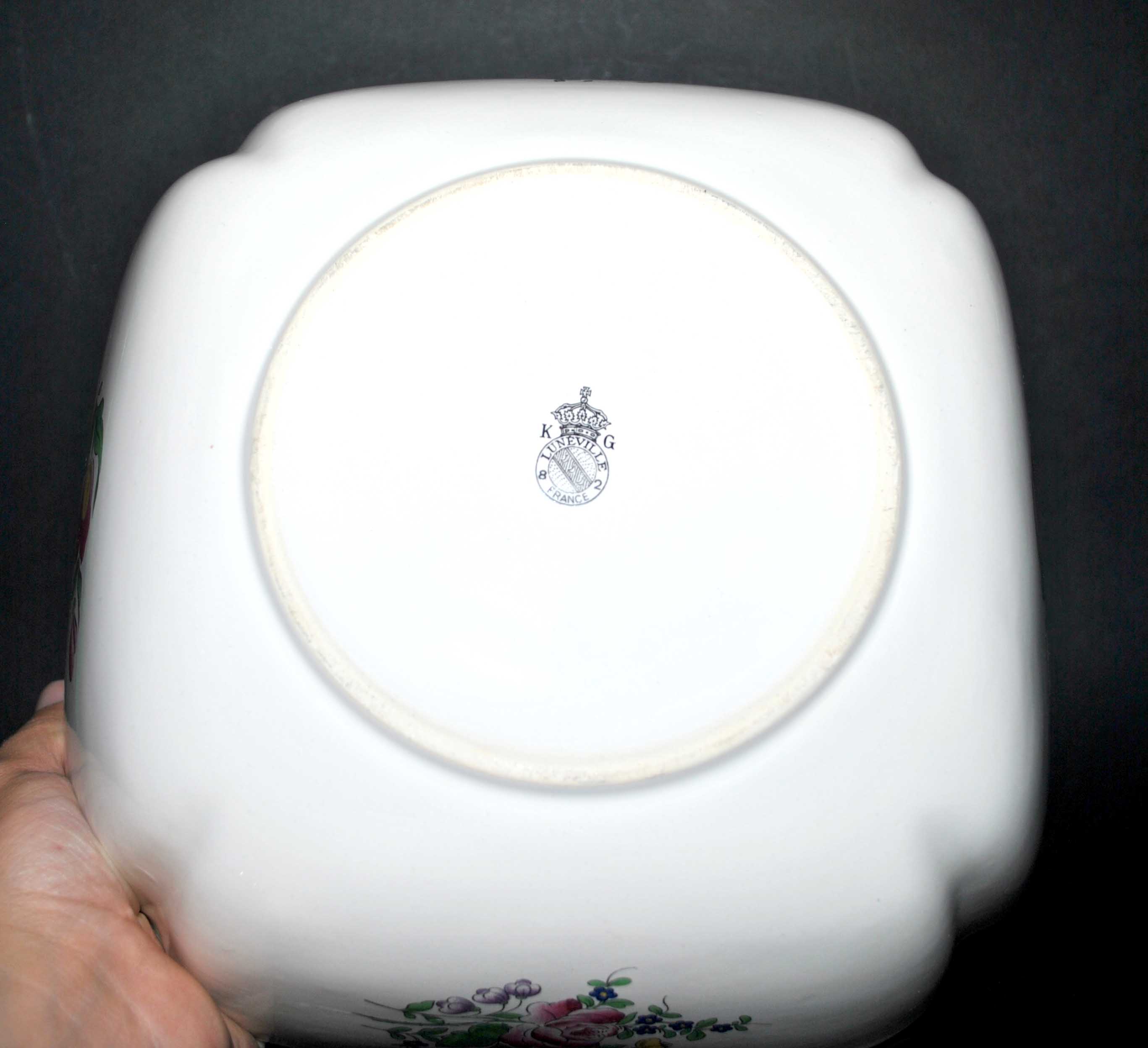 Salad bowl square cut floral vintage earthenware KG LUNEVILLE model Lamppost polychrome