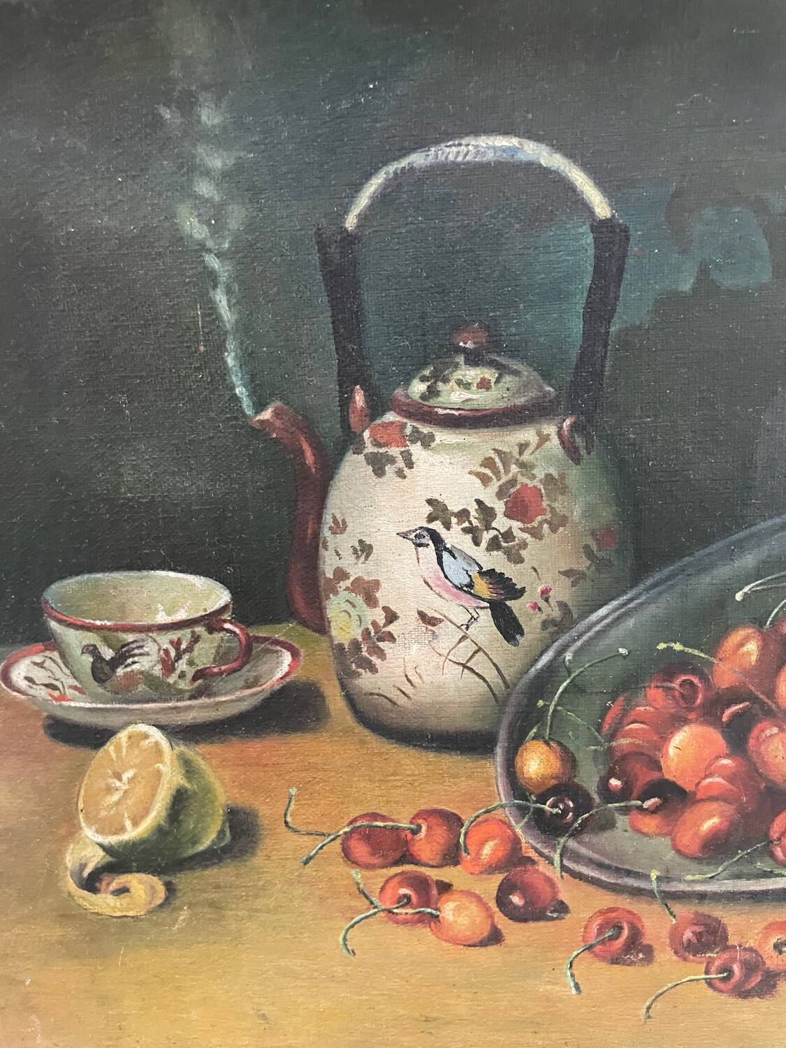 Still life painting with cherries and tea 1928