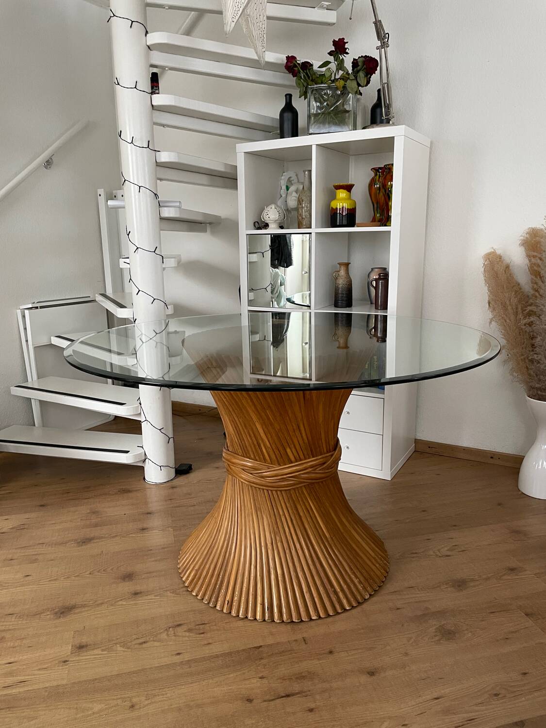 McGuire Bamboo Table – wheat sheaf base, round glass top