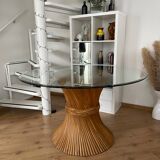 McGuire Bamboo Table – wheat sheaf base, round glass top