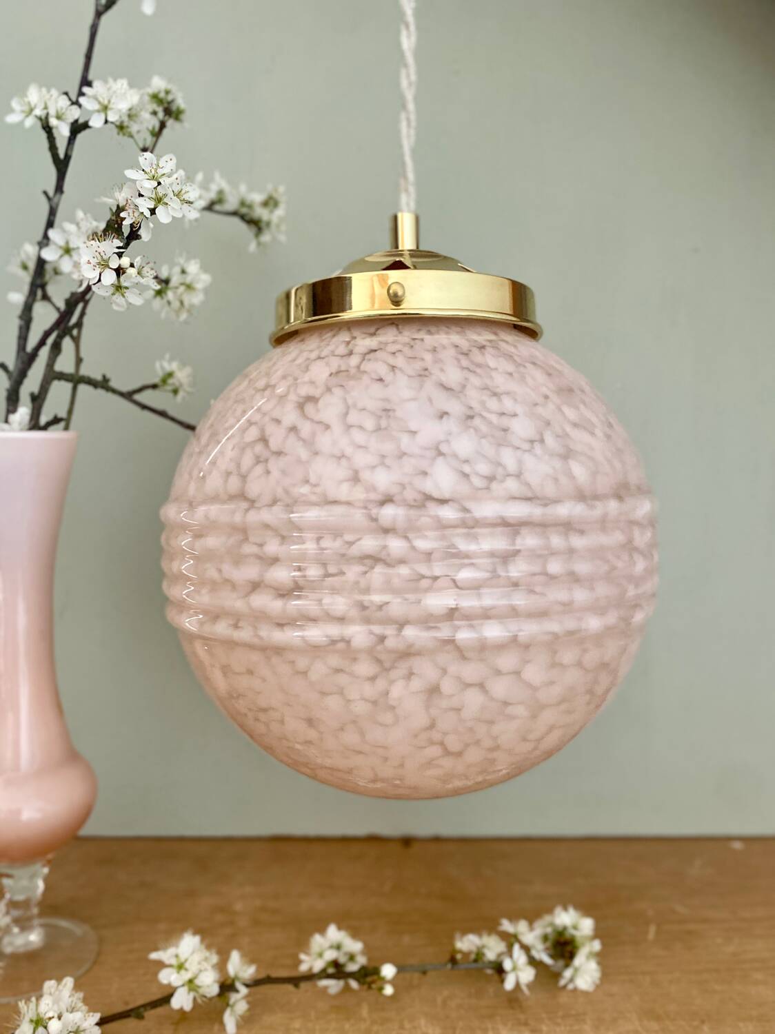 Vintage art deco globe pendant light in pale pink Clichy glass