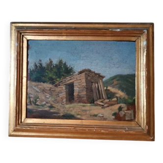 Oil Landscape Painting on Cardboard, Antique Frame from the Early 1900s