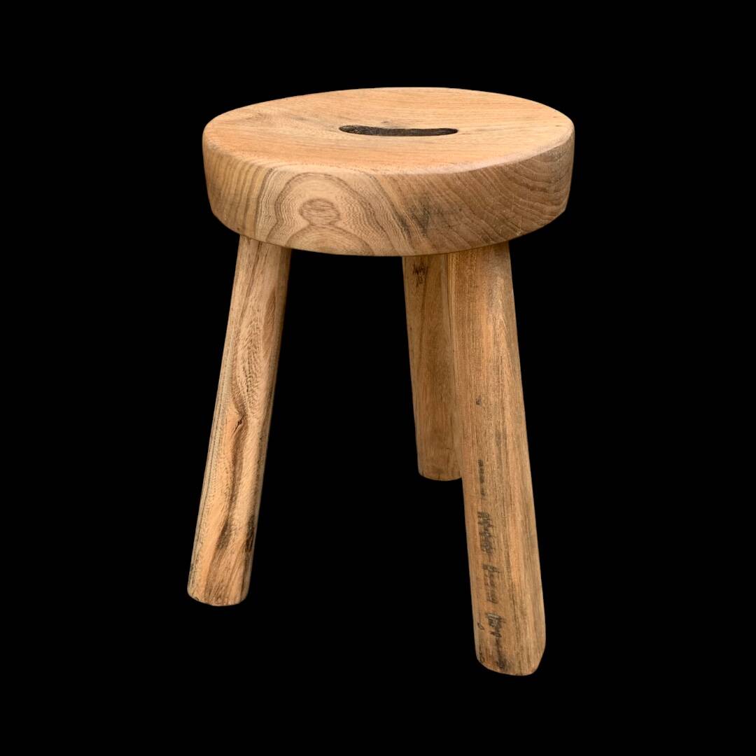Antique brutalist tripod stool in solid wood