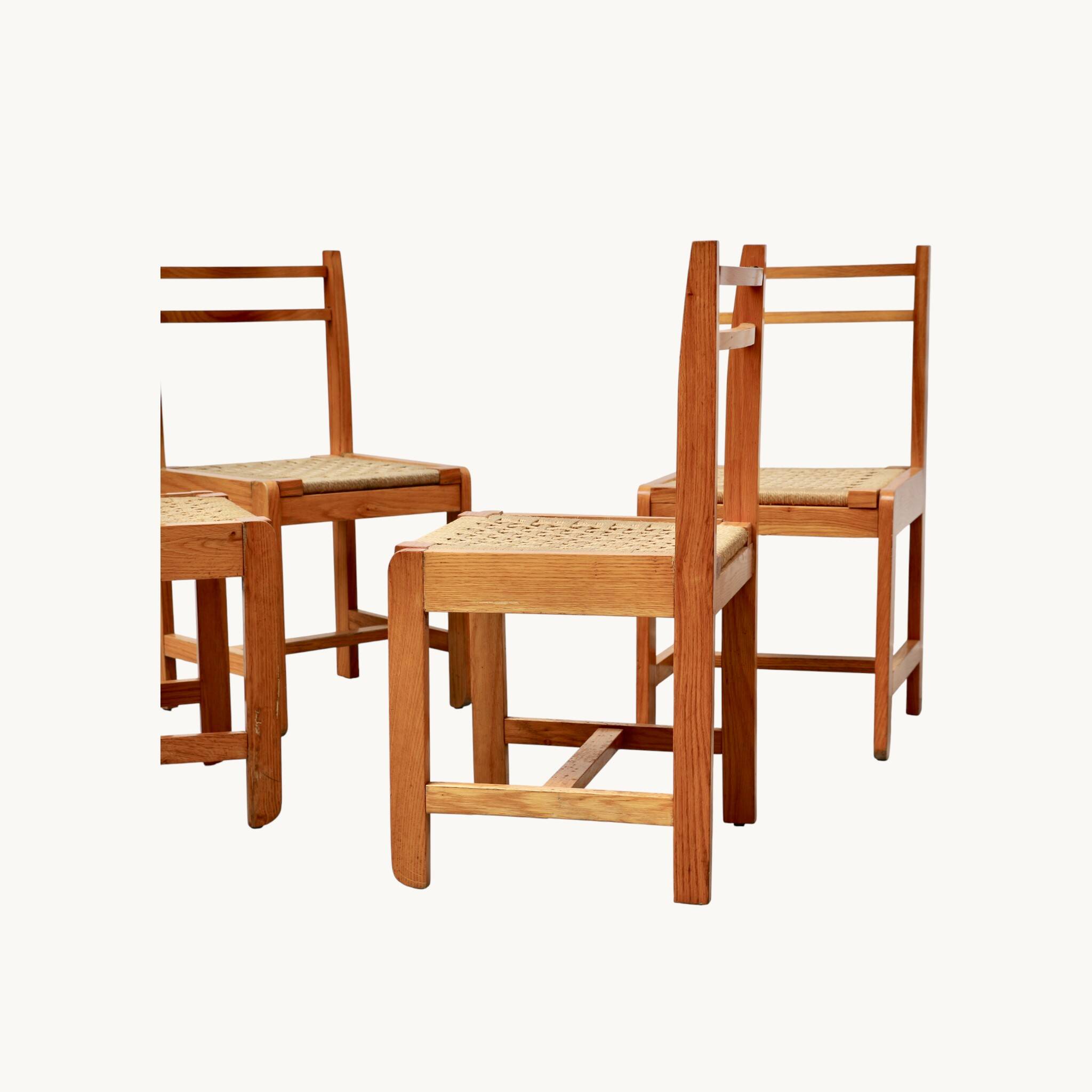 6 light wood chairs with rush seats, Italy, 1960s