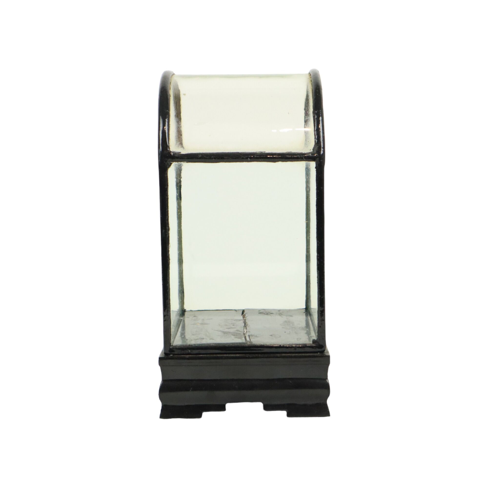 Small ancient chinese bell jar display curved glass black wooden base 21cm