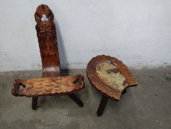 Vintage Spanish Wooden Chair and Stool from the 1970s