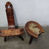 Vintage Spanish Wooden Chair and Stool from the 1970s