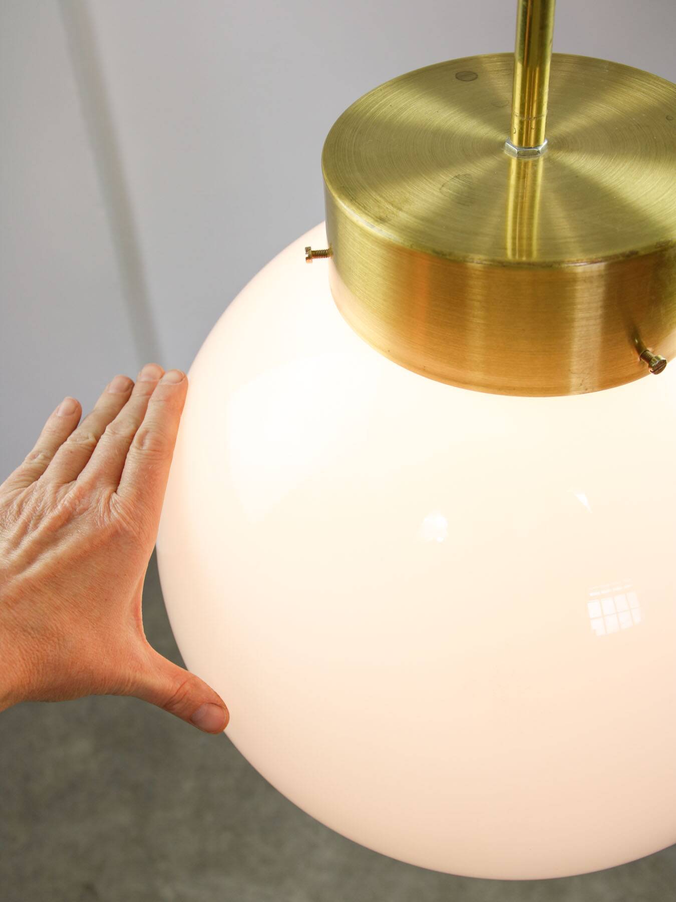 Big Mid-Century Italian Opaline & Brass Globe Pendant Lamp