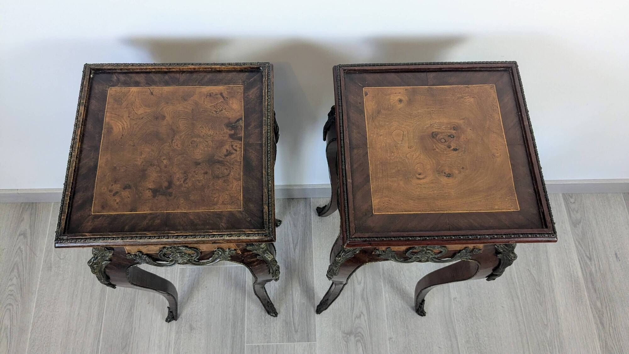 Pair of Louis XV bedside tables with marquetry and gilded bronzes