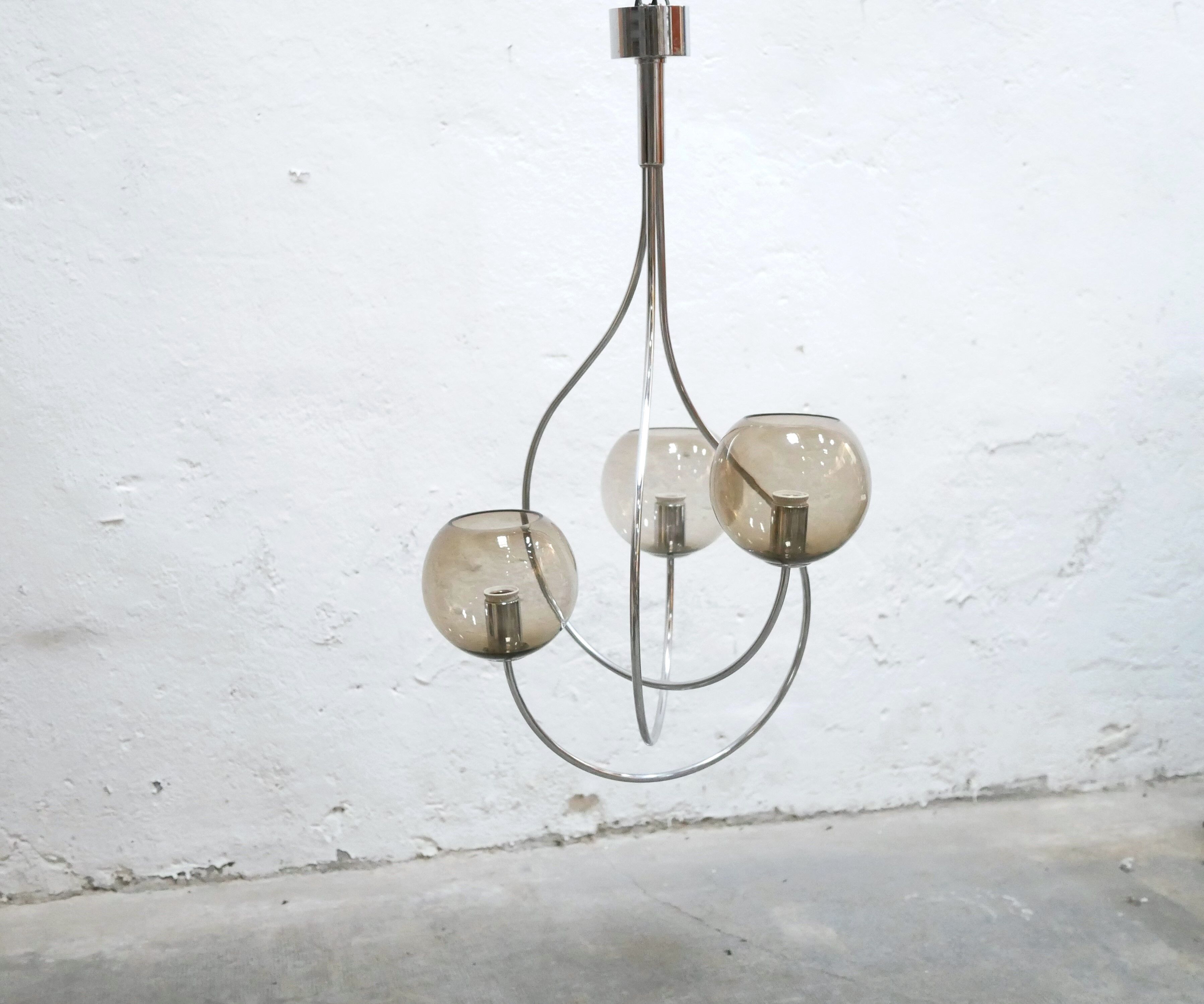 Vintage chandelier in chromed metal and smoked glass