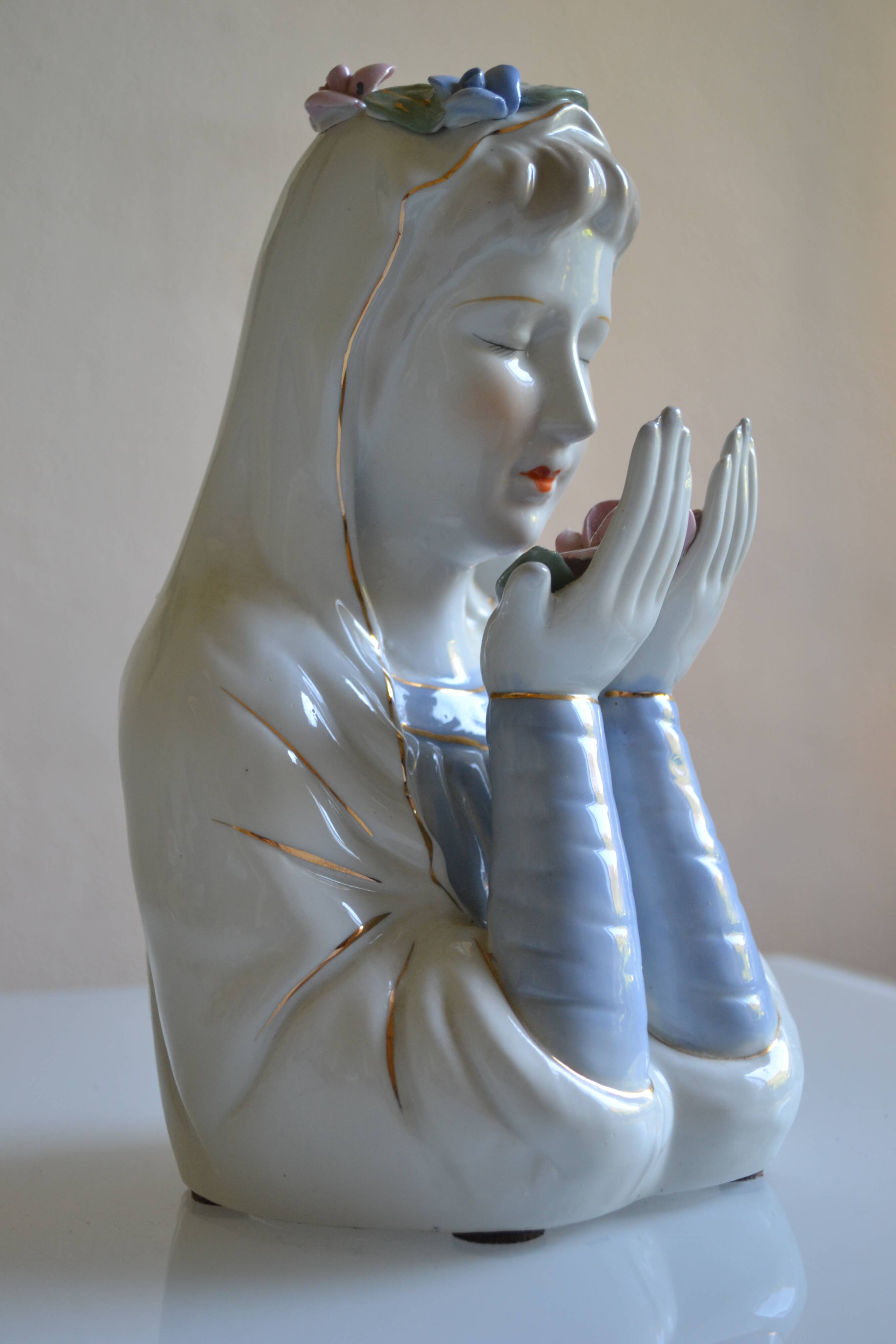 Virgin Mary statue bust in polychrome porcelain Virgin with crown of roses
