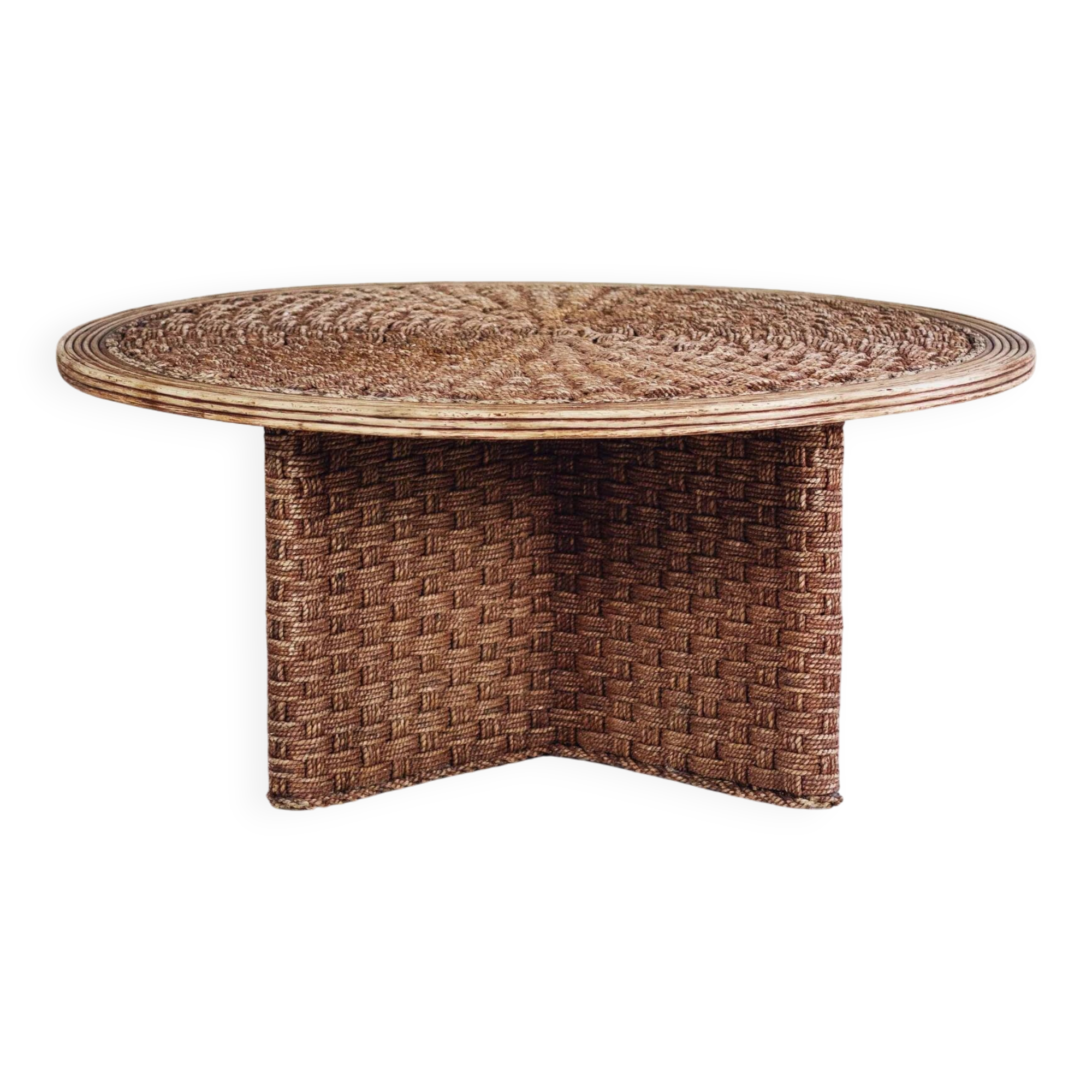 Round coffee table in braided cord and rattan, 1970.