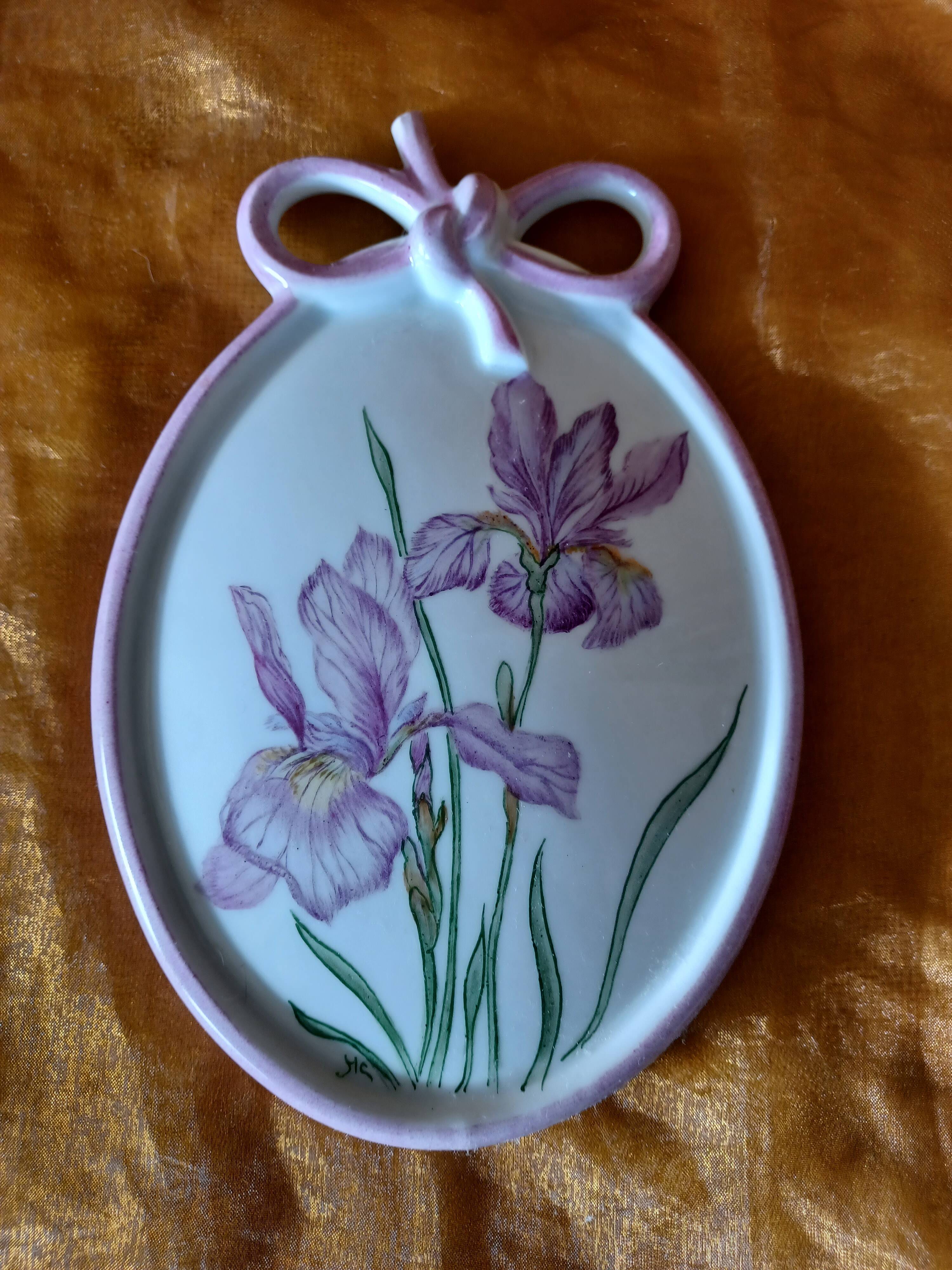 Hand Painted Porcelain Iris Flower Medallion.