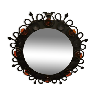 Miroir mural vintage, en fonte laquée noire et verre orange pressé dur, 48 cm