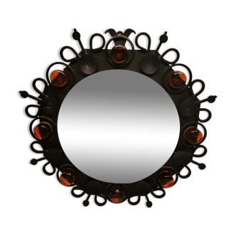 Vintage wall mirror, made of black lacquered cast iron and hard pressed orange glass