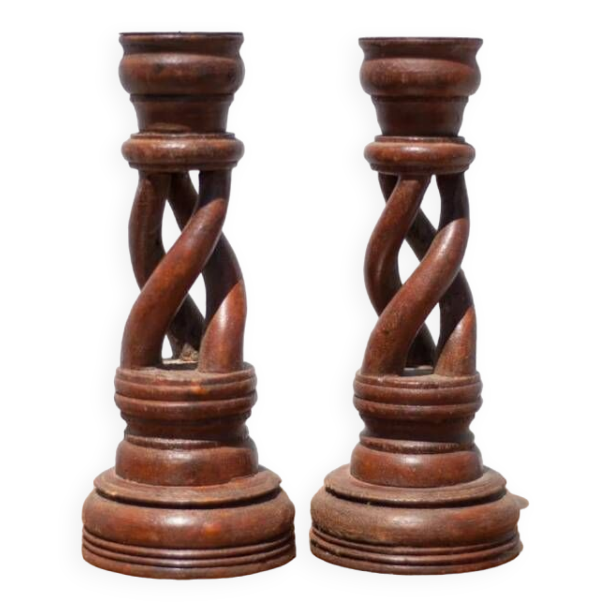 Pair of twisted wooden candle holders, wooden candle holders, carved wood, wooden candle holders, interior decoration