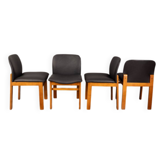 Lot de 4 chaises vintage années 70 en cuir noir design italien