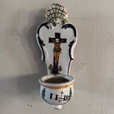 Wall-mounted holy water font in polychrome earthenware from the Nevers factory, 18th century