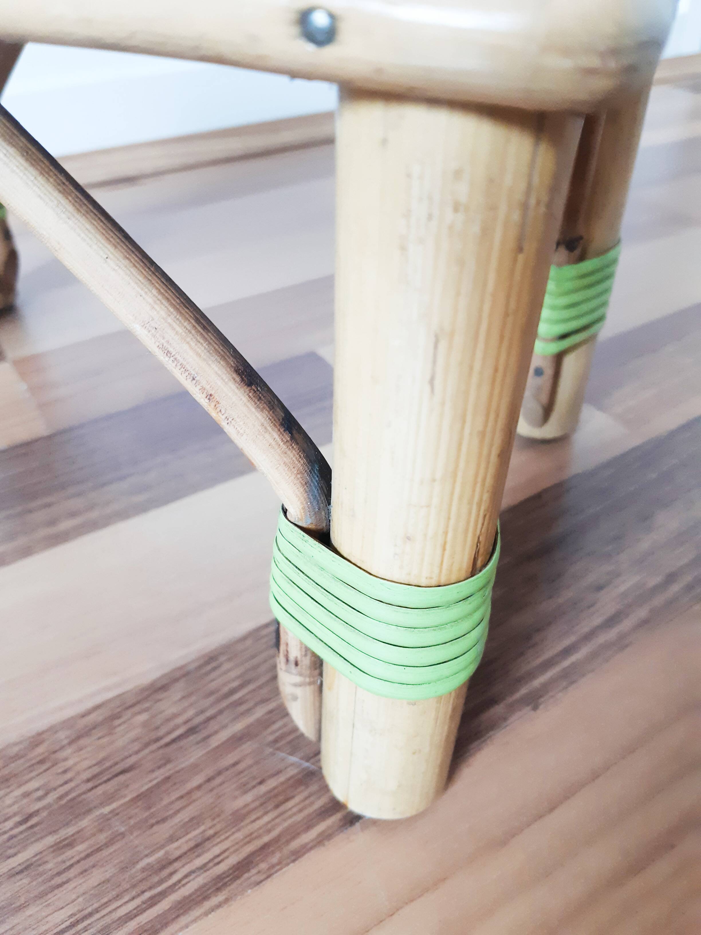 Bench, low wooden and rattan stool, plant holder