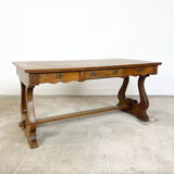 Vintage mahogany harp base desk table with drawers